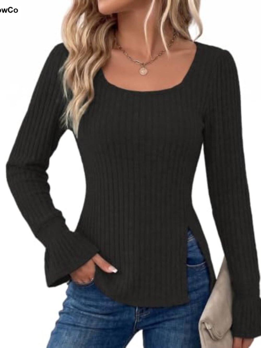 Ribbed Bell Long Sleeve Square Neck Soft Knit Top Womens